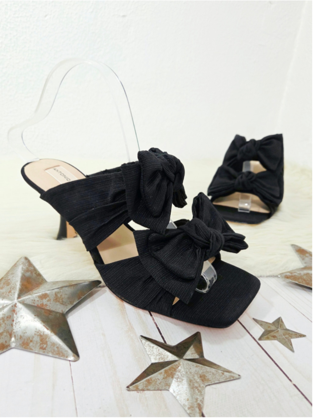 Antonio Melani Ophelia double bow heeled sandals black pleated square women's 8
